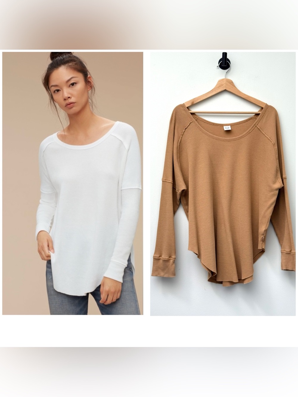 Aritzia TNA Alder Thermal  Waffle Knit Scoop Neck Long sleeve T-shirt Camel